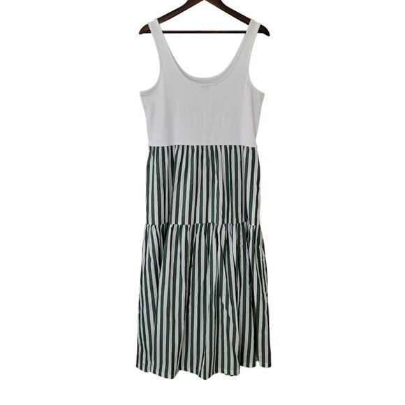J.Crew Striped Tiered Midi Dress Womens Size L White Green Pockets NWT - Picture 2 of 8